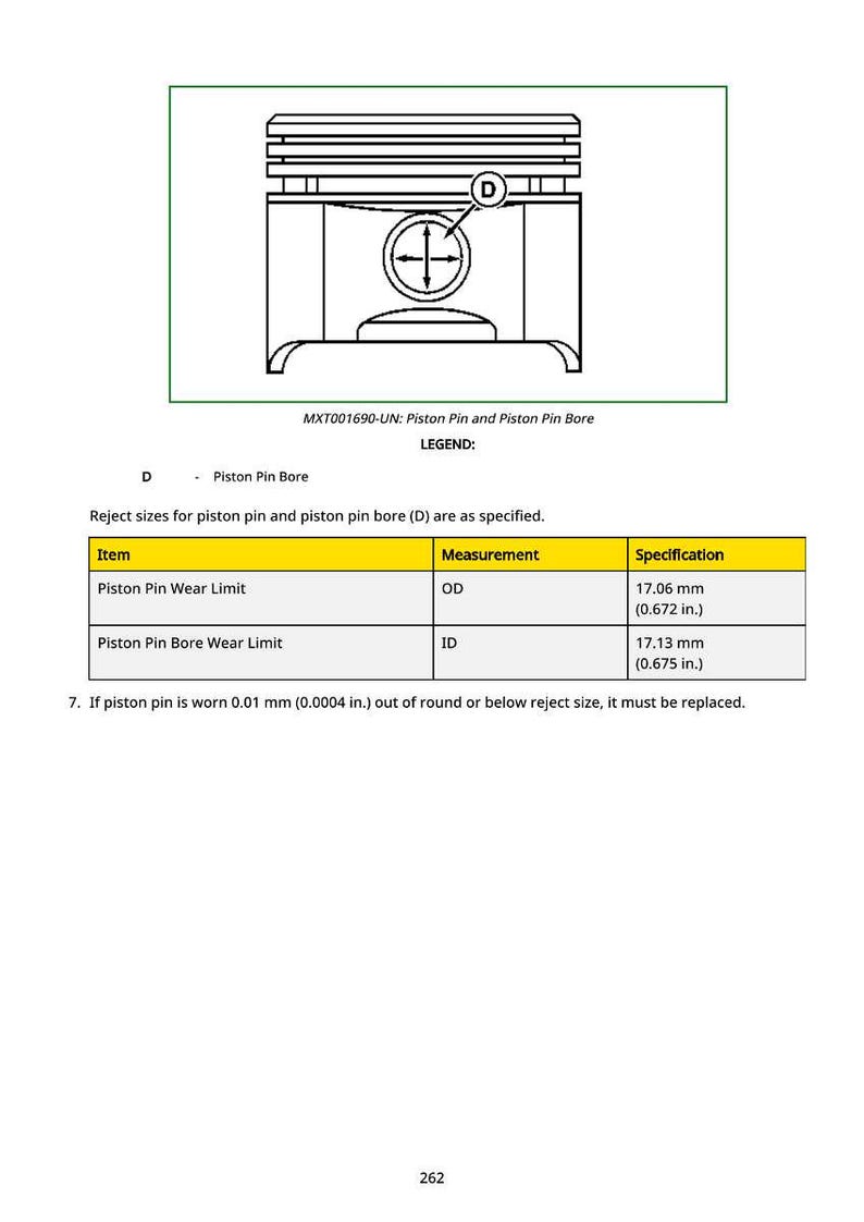 May include: Technical diagram of a piston pin and piston pin bore, with measurements in inches and millimeters. The image includes a diagram of the piston and a table with wear limits. Text includes "MXT001690-UN" and "Piston Pin Bore".