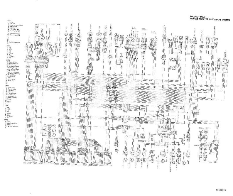 May include: A detailed black and white diagram of a vehicle's electrical system. The diagram includes numerous lines, symbols, and labels, with the text "FOLDOUT NO. 7 VEHICLE MONITOR ELECTRICAL SYSTEM" at the top.