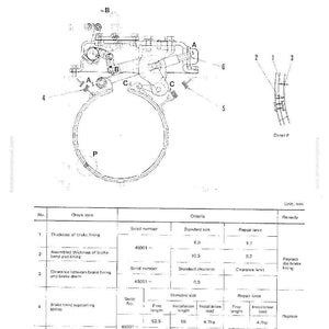 May include: Technical diagram of a steering brake assembly, featuring component labels and measurements in millimetres. Includes a table detailing specifications for brake lining, clearance, and spring measurements.