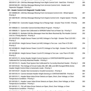 Puede incluir: Una p&aacute;gina de manual con una lista de c&oacute;digos de diagn&oacute;stico, incluyendo mensajes CAN bus y fallos de sensores. El texto es negro sobre fondo blanco. El documento es para una unidad de control de cabezal.