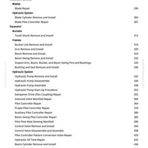 May include: A white page with a list of excavator and bulldozer repair and maintenance procedures. The text includes items like "Blade Repair", "Hydraulic Pump Assemble", and "Boom Swing Remove and Install". The page numbers are on the right.