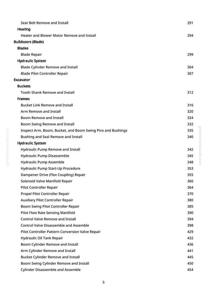 May include: A white page with a list of excavator and bulldozer repair and maintenance procedures. The text includes items like "Blade Repair", "Hydraulic Pump Assemble", and "Boom Swing Remove and Install". The page numbers are on the right.