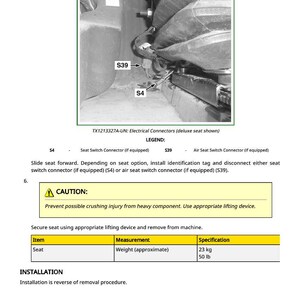 May include: Diagram of electrical connectors for a deluxe seat, including Seat Switch Connector (S4) and Air Seat Switch Connector (S39). The image includes a caution about crushing injuries and the seat's approximate weight of 50 lb.