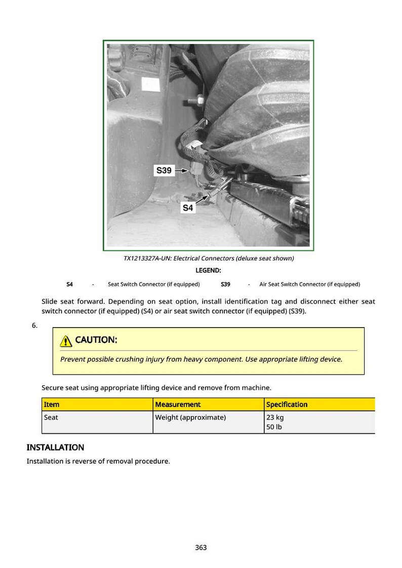 May include: Diagram of electrical connectors for a deluxe seat, including Seat Switch Connector (S4) and Air Seat Switch Connector (S39). The image includes a caution about crushing injuries and the seat's approximate weight of 50 lb.