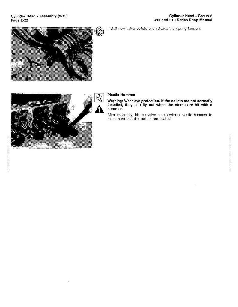 May include: A page from a shop manual with diagrams and text related to cylinder head assembly. The text includes warnings about eye protection and instructions for using a plastic hammer. The page is titled "Cylinder Head - Assembly (2-13)".