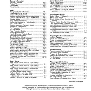 May include: A manual's contents page, detailing safety information, operational guidance, and maintenance advice. It covers safety signs, fire prevention, and procedures for attaching and detaching machinery components.