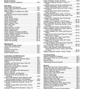 May include: A detailed contents page from a manual, listing operational procedures, maintenance schedules, and troubleshooting steps for a mower-conditioner. Includes sections on lubrication, service, and attachments.