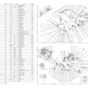 May include: A technical diagram with detailed illustrations of mechanical components, including a parts list with numerous entries. The image is in black and white, featuring intricate line drawings and text, likely for engineering or repair purposes.