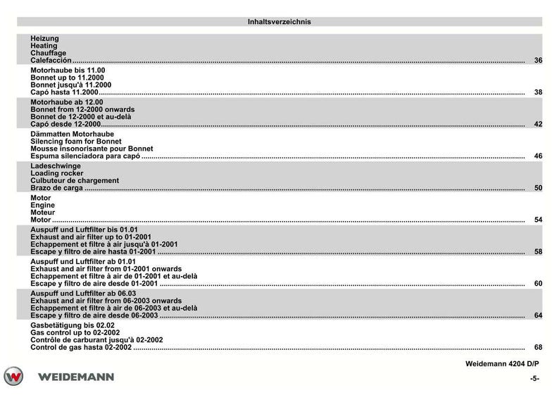 May include: A page from a Weidemann 4204 D/P manual, featuring a table of contents in multiple languages. The text includes terms like "Heating", "Bonnet", and "Exhaust and air filter".