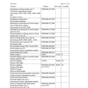 May include: A document titled "Overview of existing front loader documents" with a table detailing front loader installation instructions, service training, and conversion information. Includes numbers and dates.