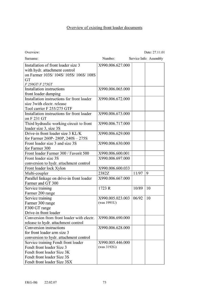 May include: A document titled "Overview of existing front loader documents" with a table detailing front loader installation instructions, service training, and conversion information. Includes numbers and dates.