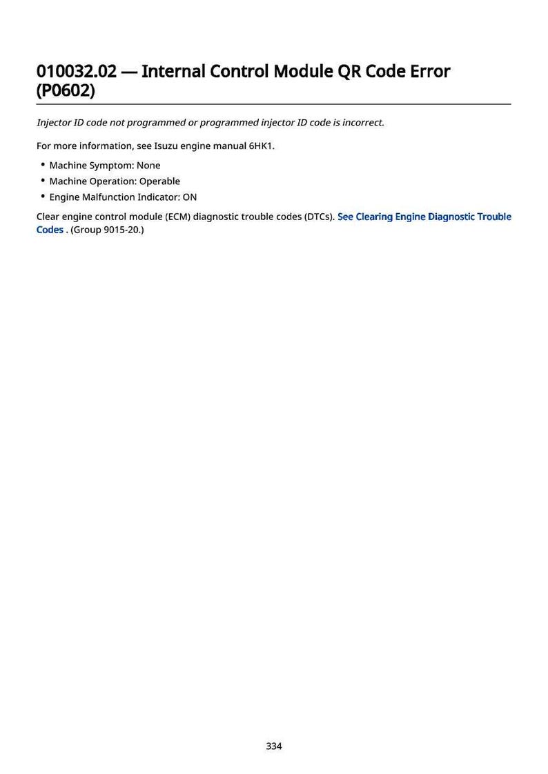 May include: A white document with black text detailing an Internal Control Module QR Code Error (P0602). The text includes information about injector ID codes, machine symptoms, and engine operation. The number 334 is at the bottom.