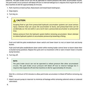 May include: A technical document titled "Park Brake/Differential Lock Valve Block Remove and Install." The document provides instructions, safety warnings, and notes for removing and installing solenoid valves. The text is in black font on a white background.