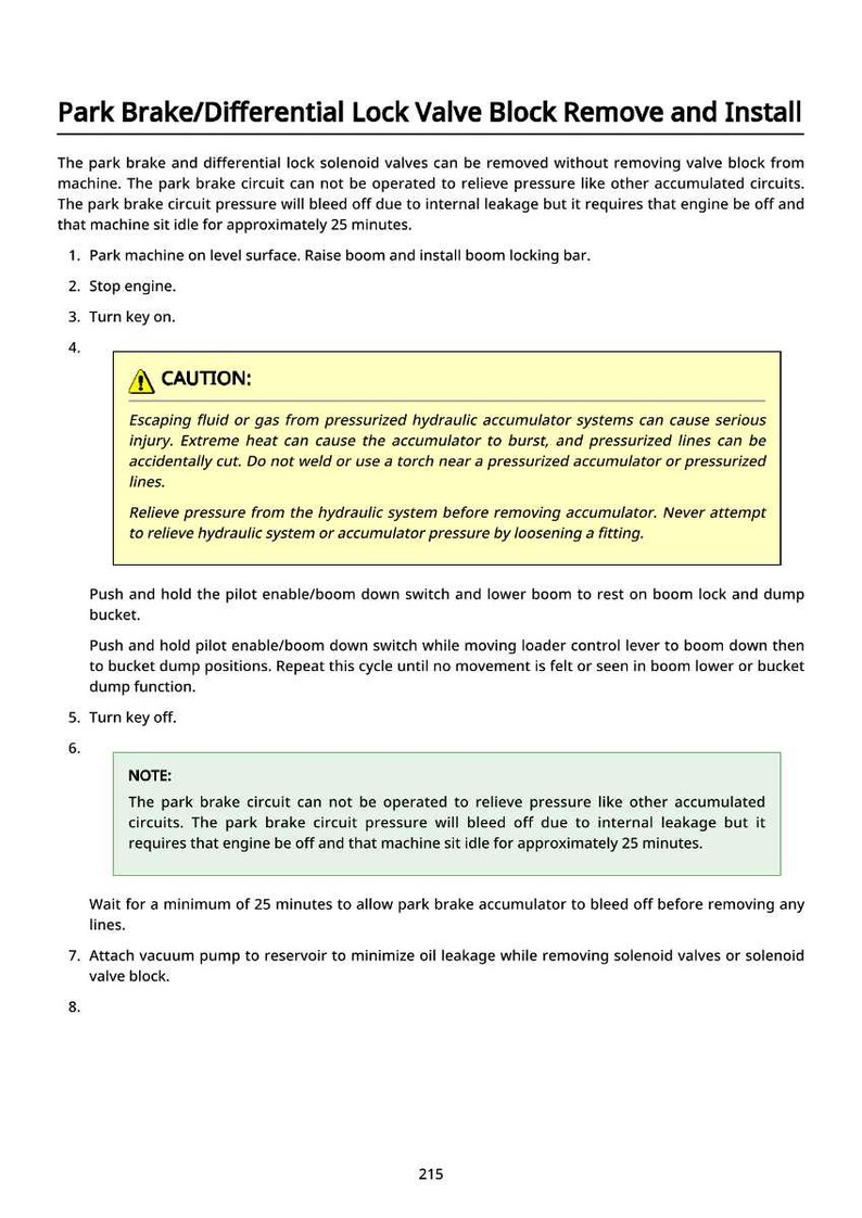 May include: A technical document titled "Park Brake/Differential Lock Valve Block Remove and Install." The document provides instructions, safety warnings, and notes for removing and installing solenoid valves. The text is in black font on a white background.