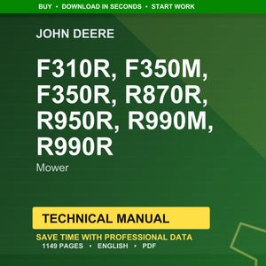 May include: A green background featuring the John Deere logo and mower model numbers: F310R, F350M, F350R, R870R, R950R, R990M, and R990R. A yellow box displays "TECHNICAL MANUAL", with details about the manual's content.