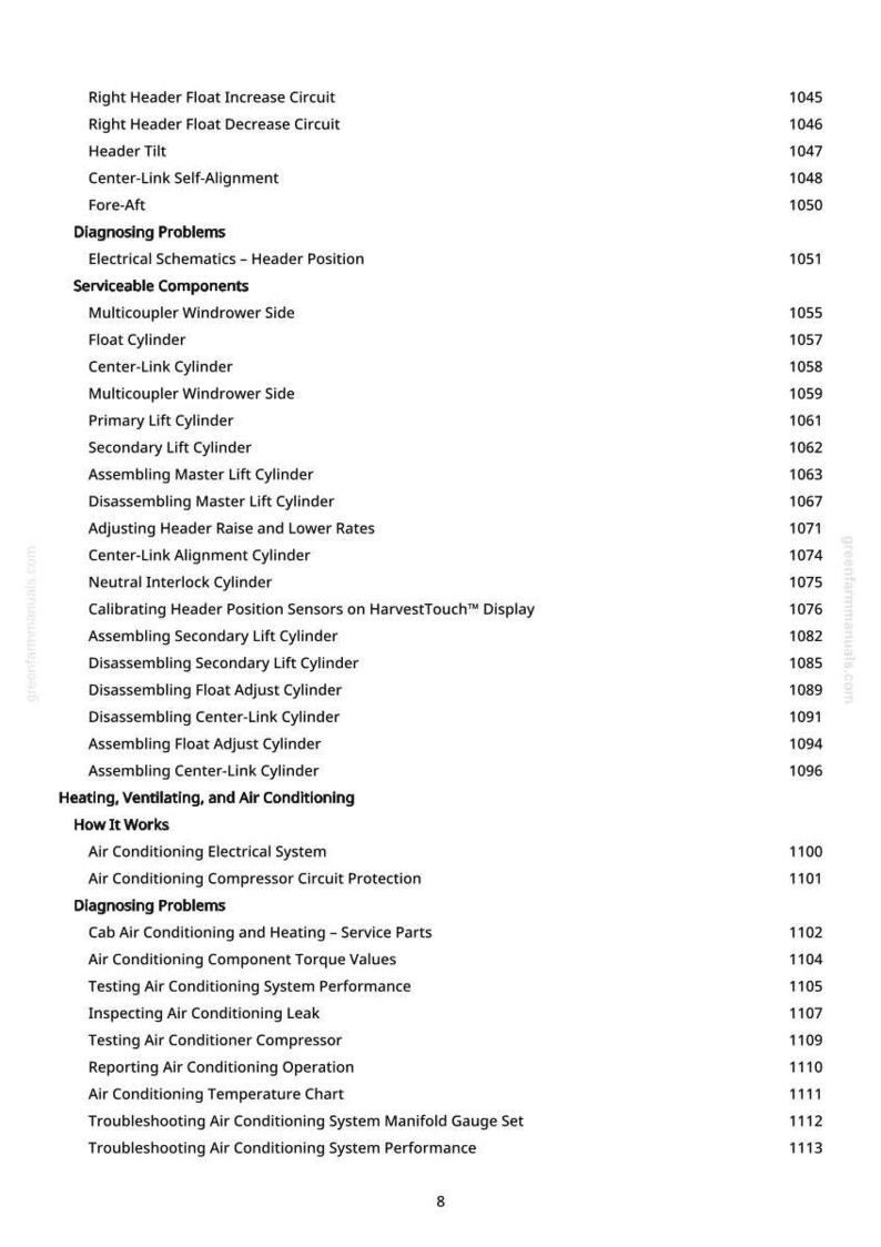 May include: A white page with a detailed list of technical terms and numbers, likely from a manual. The text includes terms like "Air Conditioning," "Cylinder," and "Header." The page number "8" is visible at the bottom.