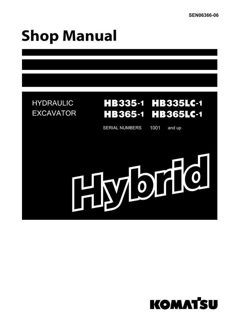 May include: A black and white shop manual cover with the text "Shop Manual" at the top. The manual is for a hydraulic excavator, with model numbers HB335-1, HB335LC-1, HB365-1, and HB365LC-1. The word "Hybrid" is prominently displayed.