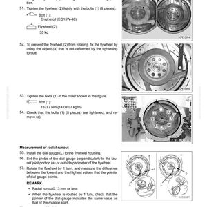 May include: Diagram illustrating flywheel disassembly and assembly procedures, with instructions for bolt tightening and radial runout measurement. Includes diagrams and text for engine maintenance. The flywheel weighs 35 kg.