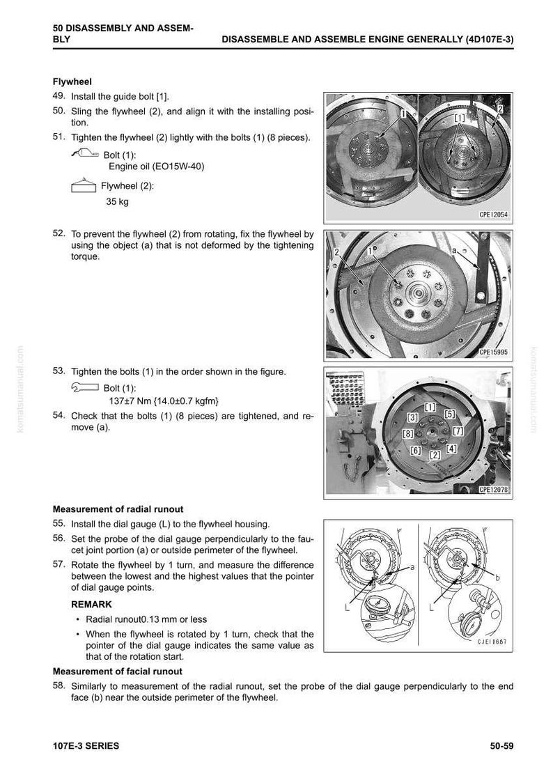 May include: Diagram illustrating flywheel disassembly and assembly procedures, with instructions for bolt tightening and radial runout measurement. Includes diagrams and text for engine maintenance. The flywheel weighs 35 kg.