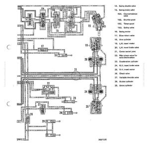 May include: Diagram of a hydraulic system, labeled with text including "Structure and Function" and "Hydraulic System." The diagram features interconnected components such as valves, cylinders, and motors, with numbered labels for each part. The image is in black and white.