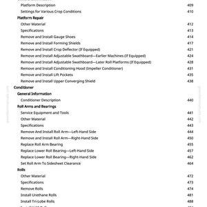 Pu&ograve; includere: Una pagina di manuale con un sommario. Il testo include termini come "Piattaforma", "Condizionatore" e "Rulli", insieme ai numeri di pagina. Il sito web greenfarmmanuals.com &egrave; visibile.