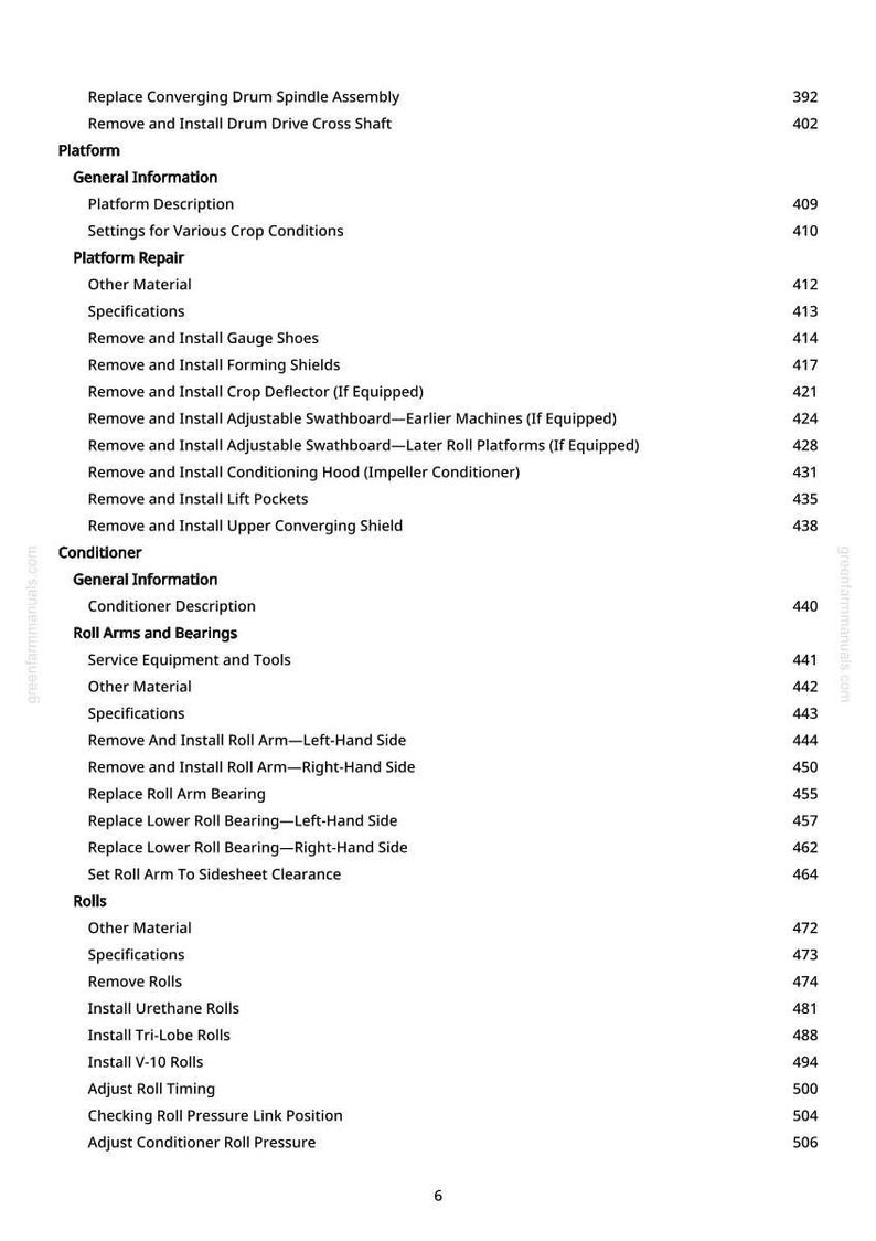 Pu&ograve; includere: Una pagina di manuale con un sommario. Il testo include termini come "Piattaforma", "Condizionatore" e "Rulli", insieme ai numeri di pagina. Il sito web greenfarmmanuals.com &egrave; visibile.