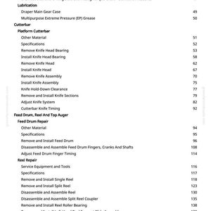Peut inclure: Une page de manuel avec une table des mati&egrave;res d&eacute;taill&eacute;e. Les titres incluent "Unified Inch Bolt and Screw Torque Values", "Cutterbar", "Feed Drum Repair" et "Reel Repair". Le num&eacute;ro de page est 3.