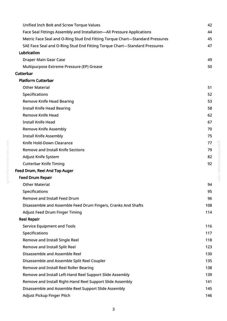 Peut inclure: Une page de manuel avec une table des mati&egrave;res d&eacute;taill&eacute;e. Les titres incluent "Unified Inch Bolt and Screw Torque Values", "Cutterbar", "Feed Drum Repair" et "Reel Repair". Le num&eacute;ro de page est 3.