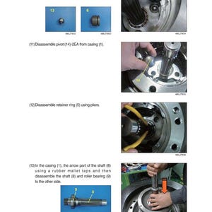 May include: Diagram of mechanical components with labels and instructions. Includes images of a steel ball, swash piston, pivot, retainer ring, shaft, and roller bearing. Text explains disassembly steps.