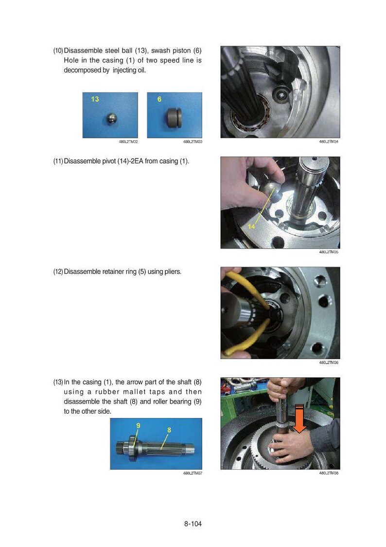 May include: Diagram of mechanical components with labels and instructions. Includes images of a steel ball, swash piston, pivot, retainer ring, shaft, and roller bearing. Text explains disassembly steps.