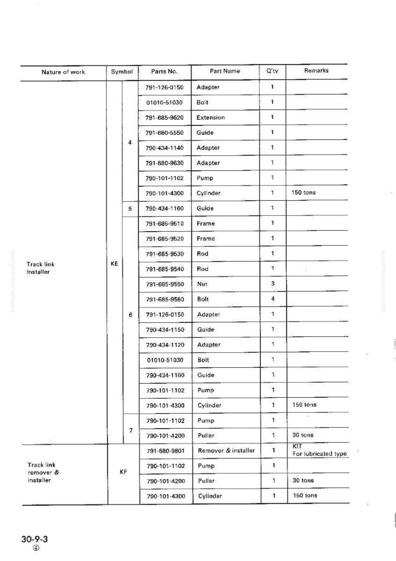 May include: A detailed technical document with a table listing parts and quantities for a track link installer and remover. The table includes part names like Adapter, Bolt, and Cylinder, with quantities and remarks.