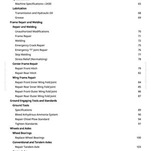 Pu&ograve; includere: Una pagina di manuale con un sommario dettagliato. Gli argomenti includono la riparazione del telaio, la saldatura e i cuscinetti delle ruote. La pagina elenca anche le riparazioni elettriche. Pagina 3.