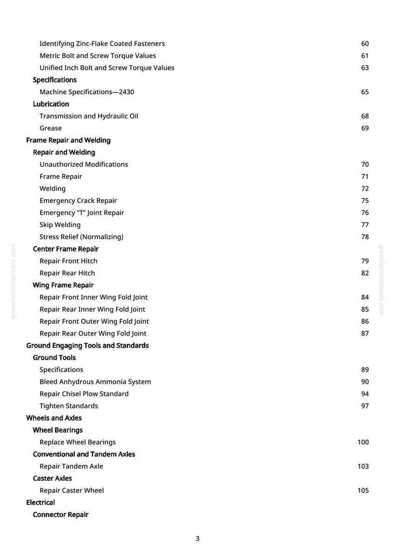 Pu&ograve; includere: Una pagina di manuale con un sommario dettagliato. Gli argomenti includono la riparazione del telaio, la saldatura e i cuscinetti delle ruote. La pagina elenca anche le riparazioni elettriche. Pagina 3.