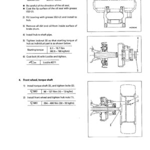 May include: Diagram of wheel brake removal and installation instructions. Includes diagrams of hub and front wheel torque shaft installation, with torque specifications in Newton-meters and kilogram-force centimeters.