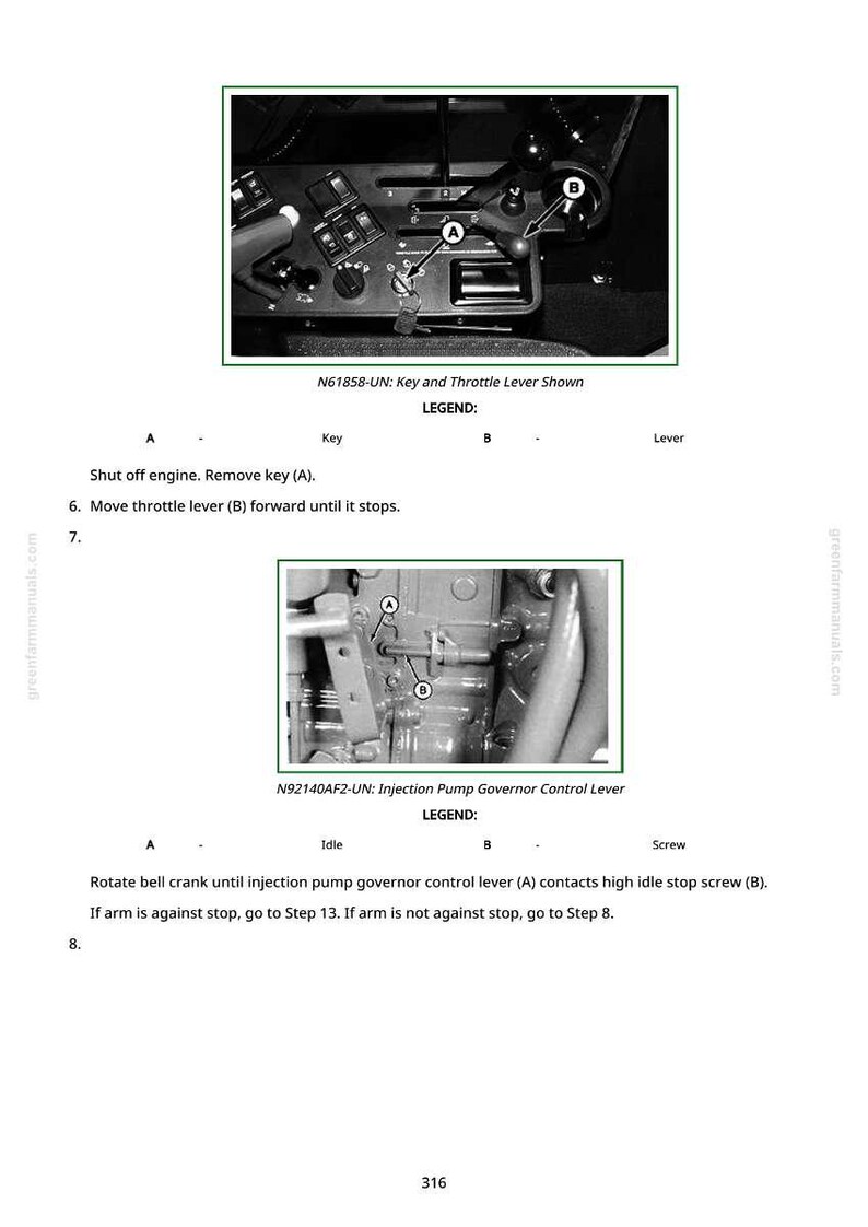 K&ouml;nnte beinhalten: Diagramm eines Bedienfelds mit einem Schl&uuml;ssel und einem Hebel, gekennzeichnet mit A und B, sowie Textanweisungen. Das Bild enth&auml;lt eine Nahaufnahme eines Einspritzpumpen-Reglerhebels. Text enth&auml;lt "Key and Throttle Lever Shown" und "Injection Pump Governor Control Lever".
