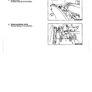 May include: Technical diagram illustrating the disassembly and assembly of a dump cylinder. The image features detailed drawings of grease hose and bucket positioner wiring connections. Text includes "DISASSEMBLY AND ASSEMBLY" and "DUMP CYLINDER".