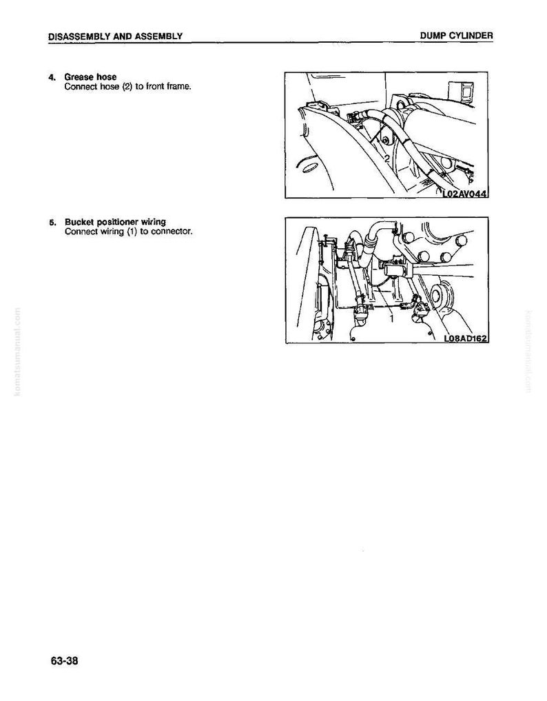 May include: Technical diagram illustrating the disassembly and assembly of a dump cylinder. The image features detailed drawings of grease hose and bucket positioner wiring connections. Text includes "DISASSEMBLY AND ASSEMBLY" and "DUMP CYLINDER".