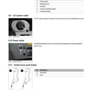 May include: Diagram of an electrical system with labels for components like wiper, lights, and power outlets. Includes illustrations of a 12V power outlet, power outlet socket, and control lever push buttons.