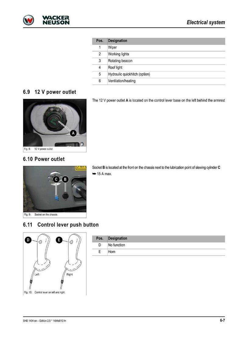 May include: Diagram of an electrical system with labels for components like wiper, lights, and power outlets. Includes illustrations of a 12V power outlet, power outlet socket, and control lever push buttons.