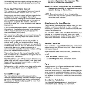 May include: A page from a John Deere operator's manual, featuring sections on product use, safety, and attachments. Includes warnings, contact information, and website addresses for parts and service.