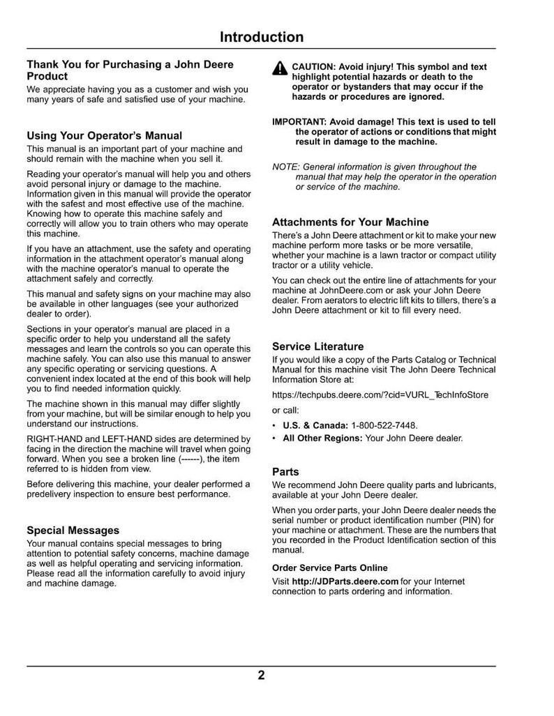 May include: A page from a John Deere operator's manual, featuring sections on product use, safety, and attachments. Includes warnings, contact information, and website addresses for parts and service.