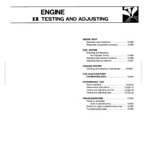 Op de afbeelding: Een zwart-wit afgedrukte pagina uit een handleiding getiteld "ENGINE 12 TESTING AND ADJUSTING". De pagina bevat secties over motor, brandstofsysteem, koelsysteem en probleemoplossing, met paginanummers.