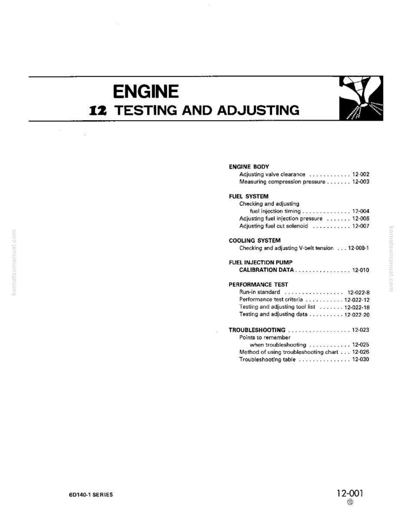 Op de afbeelding: Een zwart-wit afgedrukte pagina uit een handleiding getiteld "ENGINE 12 TESTING AND ADJUSTING". De pagina bevat secties over motor, brandstofsysteem, koelsysteem en probleemoplossing, met paginanummers.