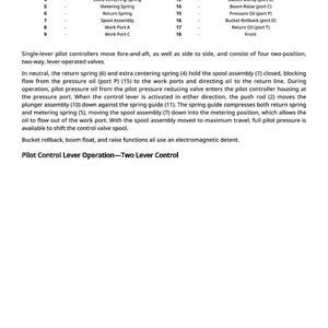 May include: Diagram of a hydraulic control system with a legend listing components like wobble plate, push rod, and spool assembly. Text explains the system's function, including pilot control lever operation and valve functions.
