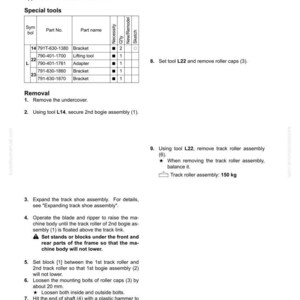 May include: A page from a manual detailing the removal and installation of a 1st bogie assembly. The text includes part numbers, part names, and instructions. The track roller assembly weighs 330.69 pounds.
