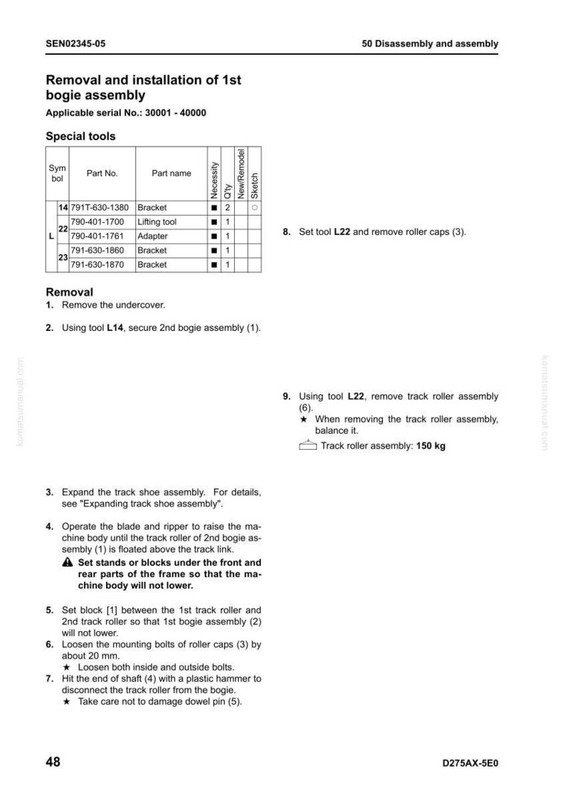 May include: A page from a manual detailing the removal and installation of a 1st bogie assembly. The text includes part numbers, part names, and instructions. The track roller assembly weighs 330.69 pounds.