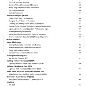 May include: A manual page with a detailed table of contents. Key sections include "Electrical Theory of Operation", "Electrical Schematics", and "Starting and Charging (SE1)". The page number is 11.