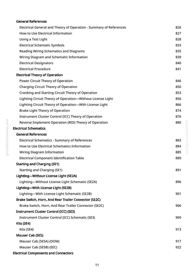 May include: A manual page with a detailed table of contents. Key sections include "Electrical Theory of Operation", "Electrical Schematics", and "Starting and Charging (SE1)". The page number is 11.