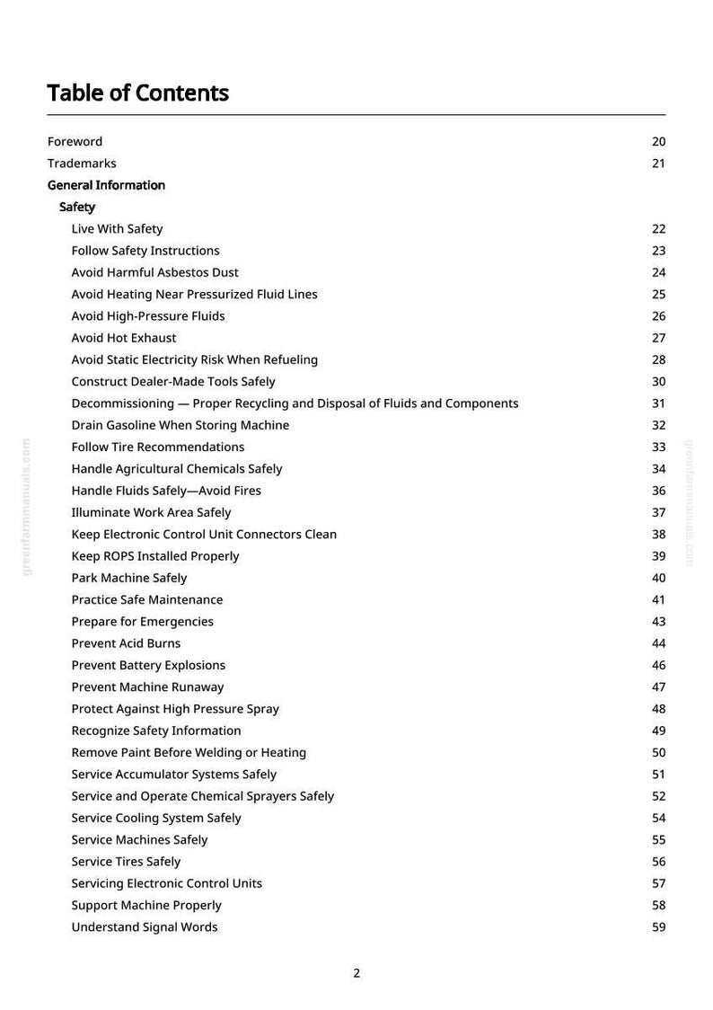 May include: A white page with a black table of contents. The title reads "Table of Contents". The list includes safety topics such as "Avoid Harmful Asbestos Dust" and "Prevent Battery Explosions".