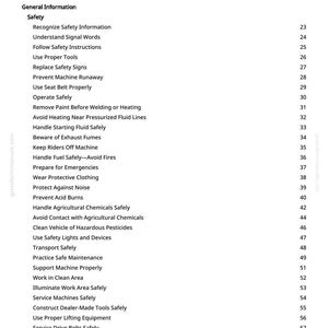 May include: A white page titled "Table of Contents" from a manual. The text lists safety topics such as "Recognize Safety Information," "Use Proper Tools," and "Prevent Acid Burns." Page numbers are listed on the right.